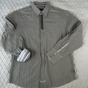 English Laundry Men’s L Button Down Shirt Brown Check Embroidered Flip Cuff